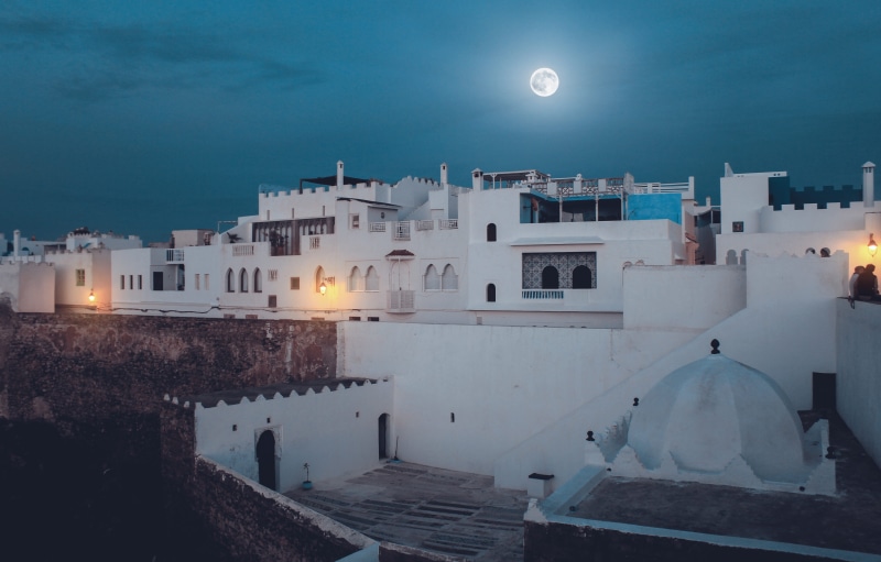 assilah, colorfull, colors, belief, morocco, moonlight, dusk, sky, outdoors, building exterior, sea, moon, night, spirituality, city, water, moment, building