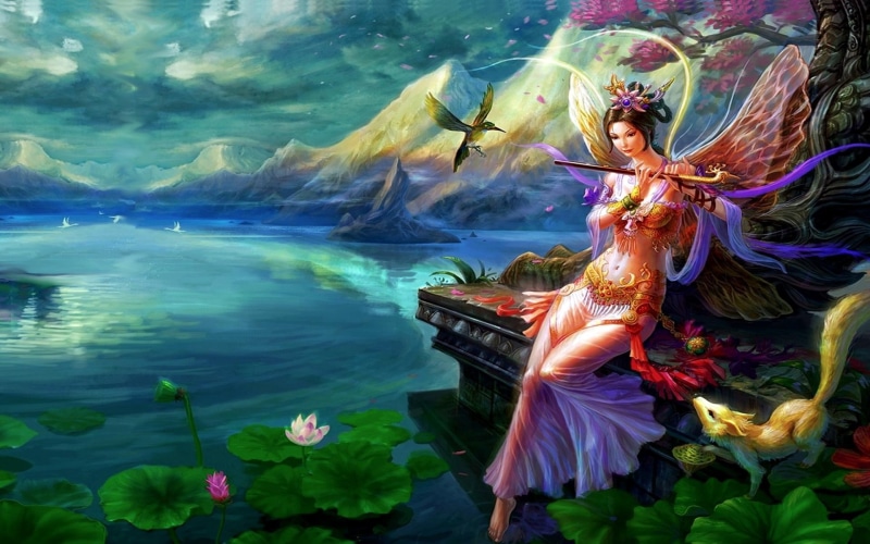 music, fairy, 1080P, animal, pond, bird, playing, zen, angel, moment, flute, 3d and abstract