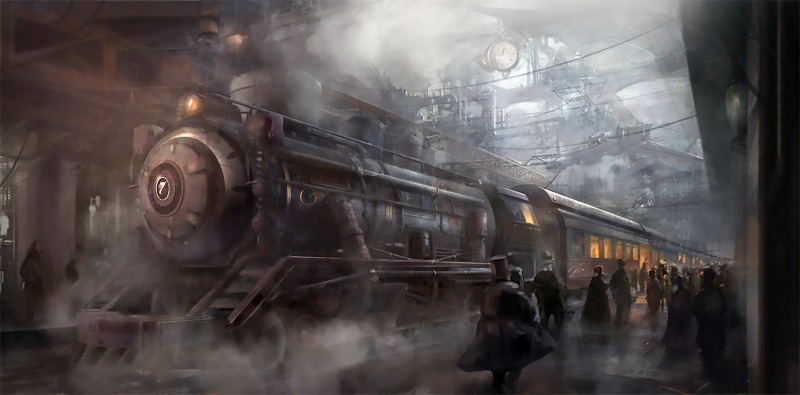 Sci Fi, Train Station, Train, Steampunk, 1080P