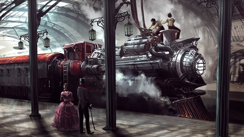 Train, Steampunk, Train Station, Sci Fi, Locomotive, 1080P, People
