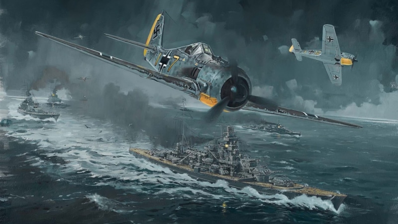 outdoors, warplanes, plane, transportation, sea, FockeWulf, water, mid-air, navy, smoke - physical structure, mode of transportation, cloud - sky, airplane