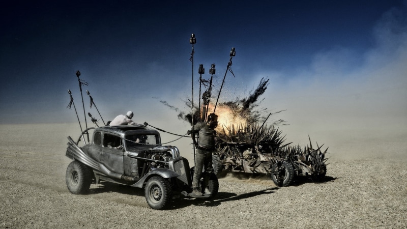 1080P, burning, transportation, sky, land, classic, government, movies, fire, road, explosion, Mad Max: Fury Road, military, smoke, mode of transportation