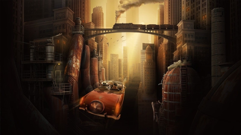 fans, old car, bridge, science fiction, couple, skyscraper, urban, 1080P, futuristic, birds, steam locomotive, street, vintage, train, smoke, futuristic city