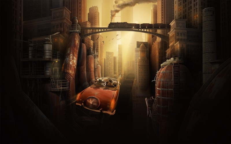 urban, futuristic, factory, Cabrio, skyscraper, street, fans, 1080P, couple, steam locomotive, digital art, sunlight, bridge, futuristic city, flying