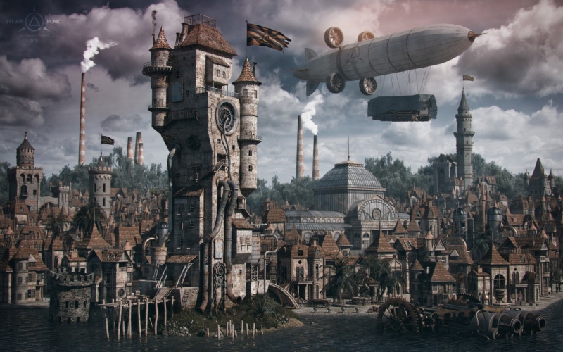 the city, building, the airship, 1080P, structure, steampunk