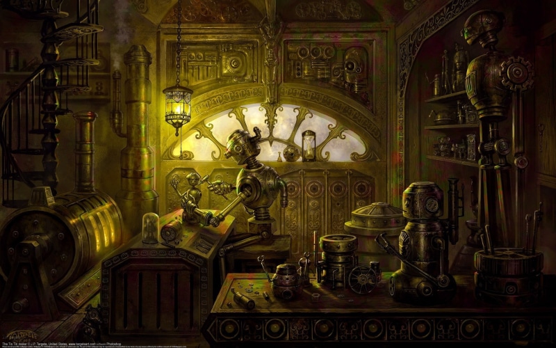 robot, 1080P, representation, lighting equipment, craft, technology, equipment, no people, old, indoors, history, creativity, the past, design, ornate
