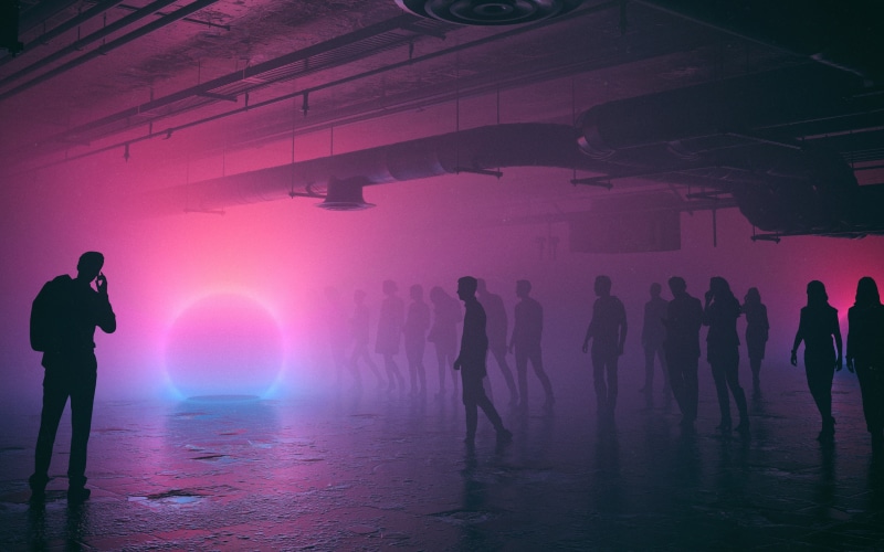 full length, enjoyment, crowd, light, architecture, ceiling, 4K, circle, digital art, night, people, indoors, fantasy art, leisure activity, men, group