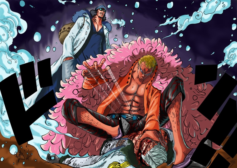 Punk Hazard, two people, Aokiji, Vice Admiral Smoker, arts culture and entertainment, men, adult, young men, Donquixote Doflamingo, young adult, casual clothing