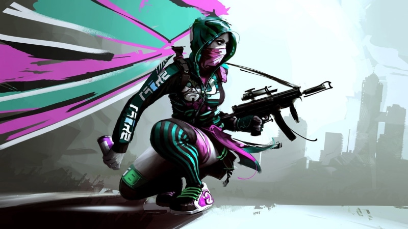 graffiti, kneeling, APB Reloaded, abstract, colorful, artwork, rifles, women, mask, digital art, 1080P, hoods, Shift, gun, hood, All Points Bulletin, fantasy art