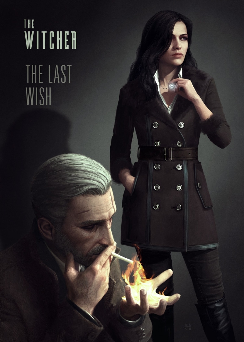 artwork, The Witcher, 1080P, Geralt of Rivia, trench coat, noir, Yennefer of Vengerberg, digital art, The Witcher 3: Wild Hunt, poster