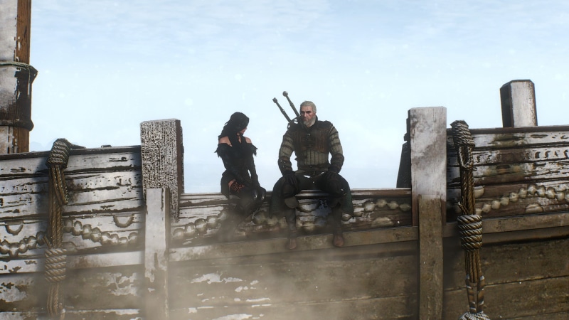 friendship, togetherness, men, architecture, Yennefer of Vengerberg, sky, seat, day, winter, sitting, Geralt of Rivia, adult, nature, outdoors, The Witcher