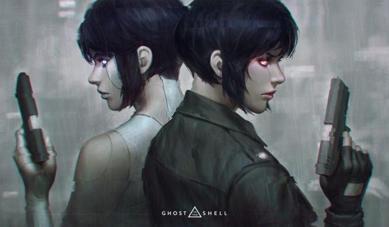 gun, side view, red eyes, anime, rain, 2K, blue eyes, cyberpunk, Kusanagi Motoko, cyborg, blue hair, Ghost in the Shell, noir, futuristic