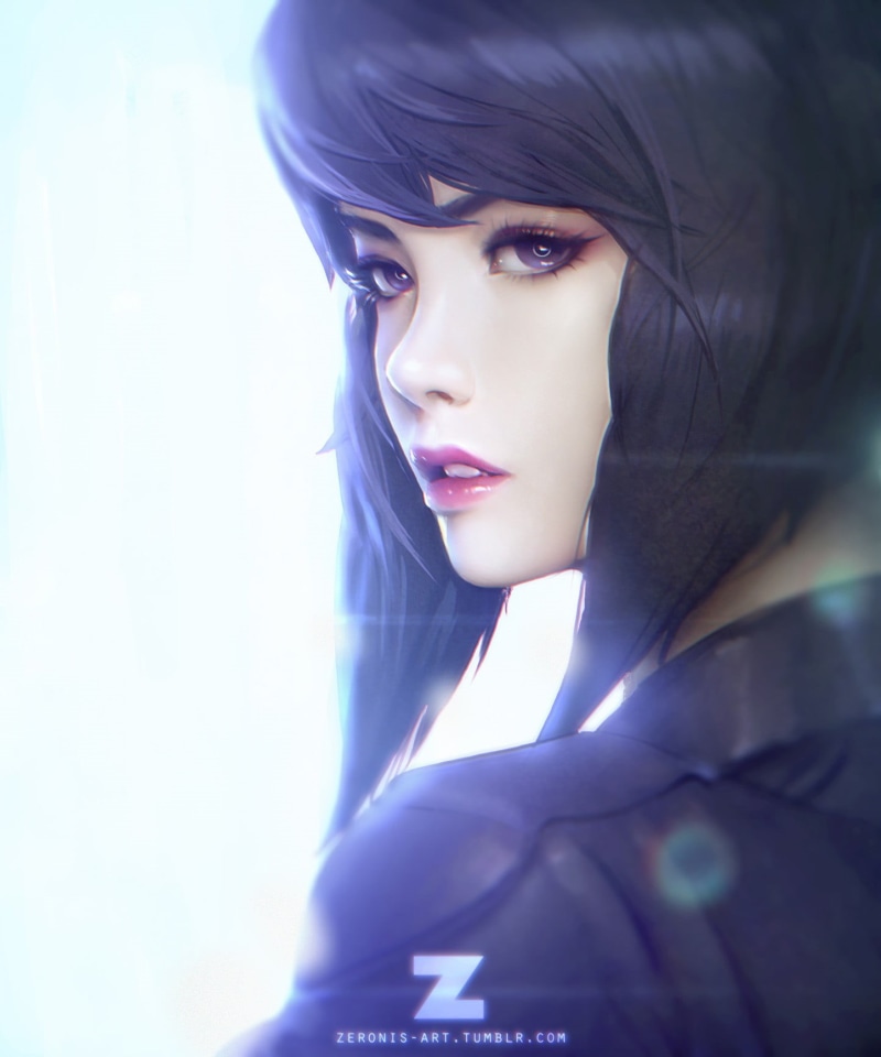 one person, human face, blue hair, fashion model, females, 720P, body part, headshot, contemplation, fashion, Kusanagi Motoko, illustration, beautiful woman