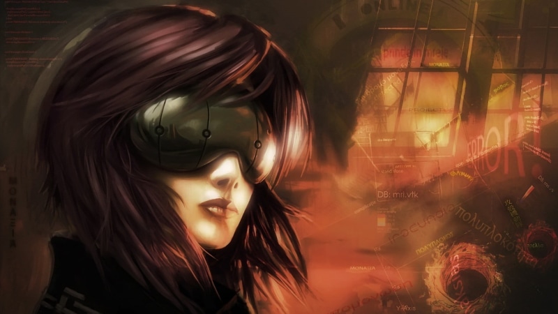 Ghost in the Shell, glass - material, young adult, headshot, young women, cyborg, hairstyle, real people, indoors, digital composite, portrait, dark hair