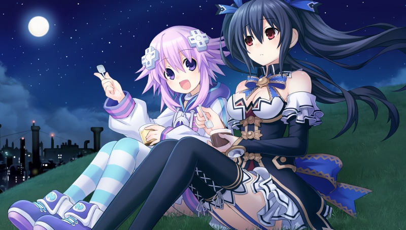 Hyperdimension Neptunia, Noire (Hyperdimension Neptunia), anime girls, Moon, night, 4K, anime, short hair, sitting, long hair, purple hair, brunette