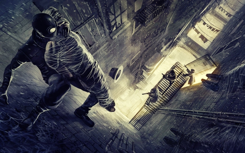comics, street, built structure, outdoors, people, building, Spider-Man, Spider-Man Noir, full length, 2K, warm clothing, lifestyles, road, fantasy art