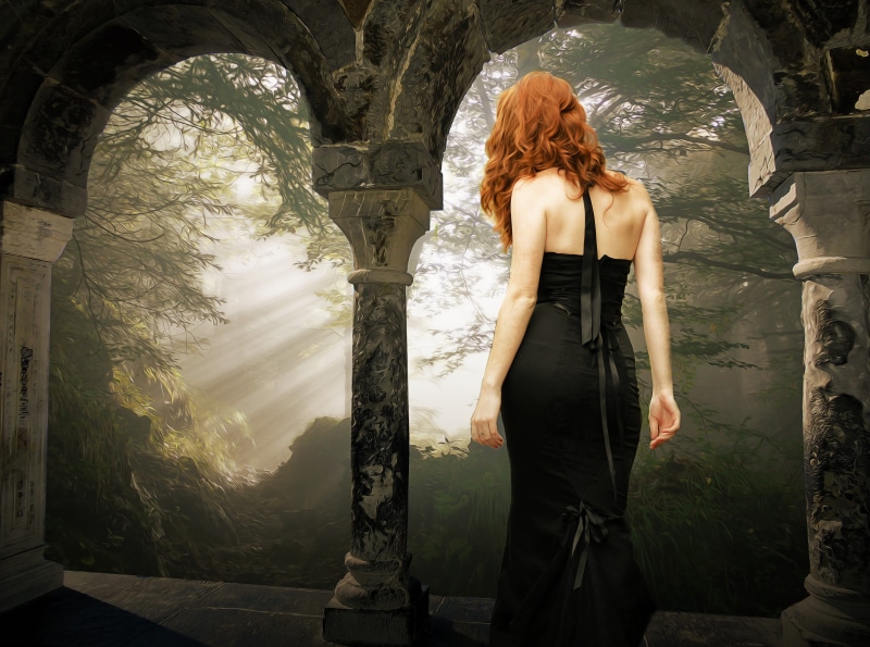 black, architectural column, female, hairstyle, real people, mystery, windows, trees, arch, gothic, woman, photography, neck, rear view, forest, one person