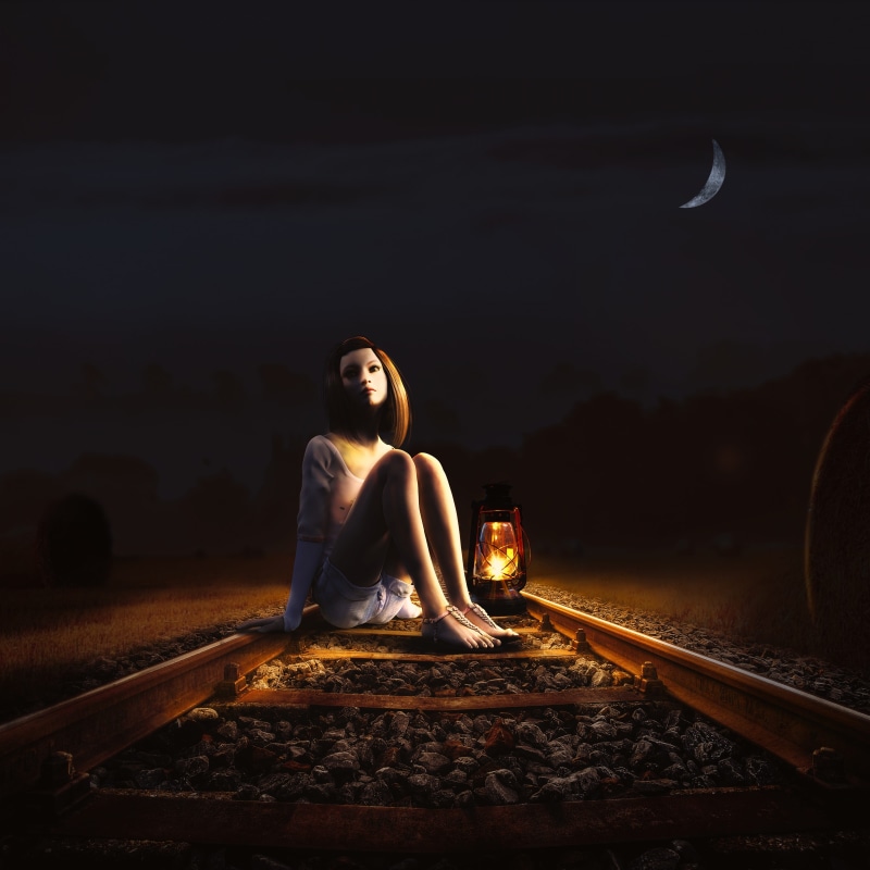 transportation, railroad track, moon, outdoors, hair, field, young adult, model, mysterious, nature, contemplation, face, track, young, fashion, lady, real people
