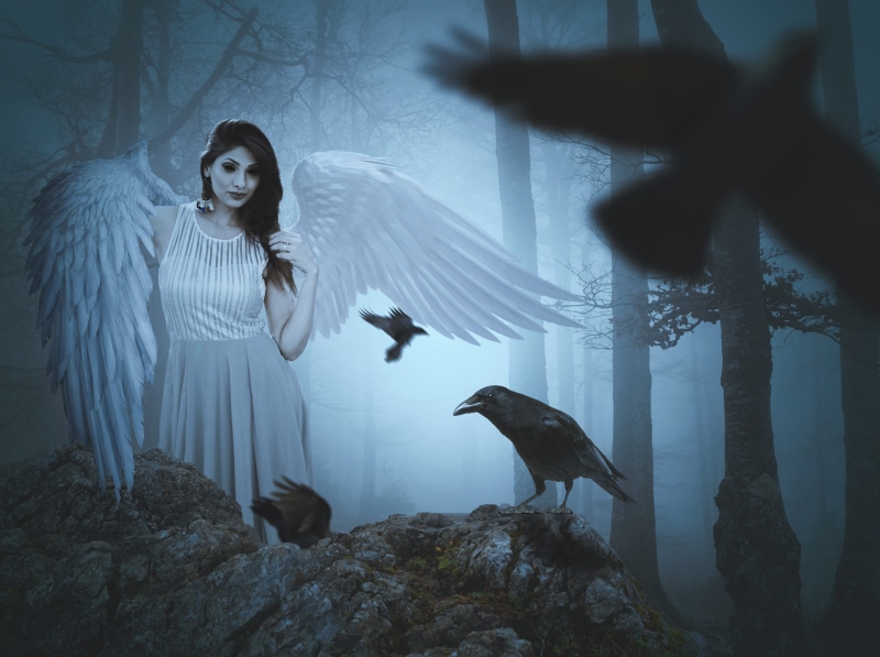fear, death, young adult, moon, black, real people, scary, rock, dark, 4K, women, leisure activity, hairstyle, night, crow, feather, mystery, light, animal wildlife