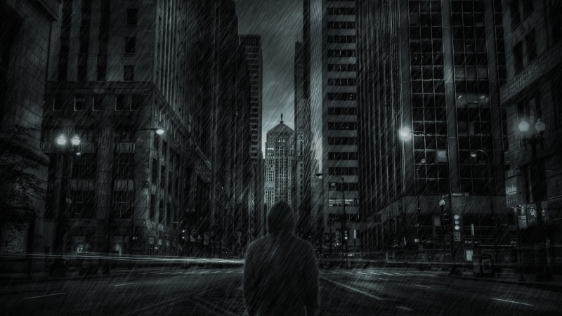 cityscape, night, illuminated, real people, rain, outdoors, building, city, artwork, hairstyle, 1080P, skyscraper, raining, grayscale, building exterior