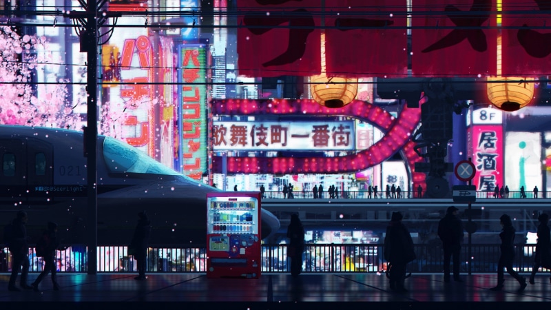 neon, digital art, city, cyberpunk, night, 4K, street, shopping mall, metropolis