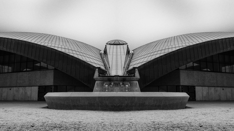 sky, bridge - man made structure, day, planetarium, architecture, brutalism, modern, connection, staircase, built structure, water, luxembourg, architecturephotography
