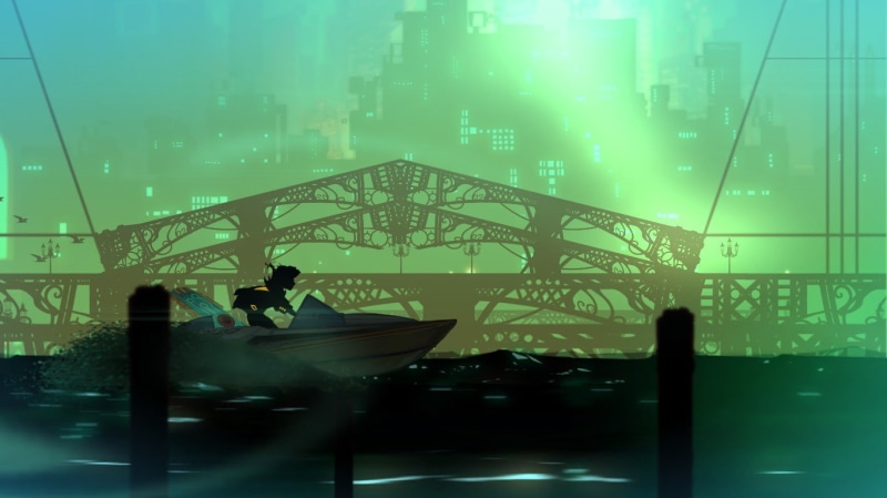 720P, bridge, city, sailing ship, yellow dress, cityscape, sword, yellow, Transistor, red, singer, redhead, black, shadow, Red (Transistor), transistors