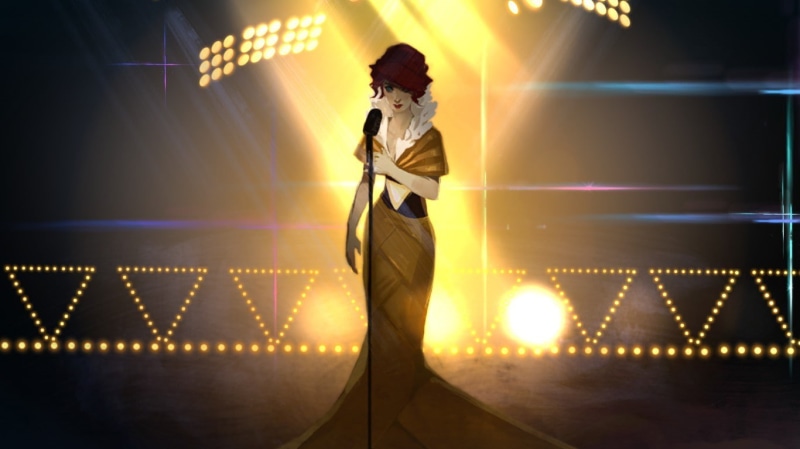 sailing ship, Red (Transistor), city, yellow dress, redhead, singer, cityscape, shadow, bridge, yellow, transistors, 720P, black, Transistor, red