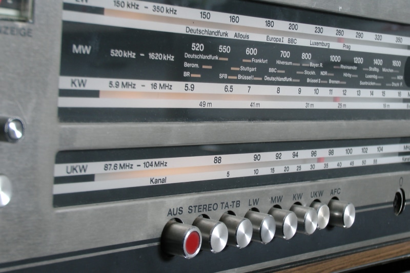 sound mixer, medium wave, musical instrument, sound recording equipment, silver colored, text, keys, Retro, control panel, technology, communication, close-up