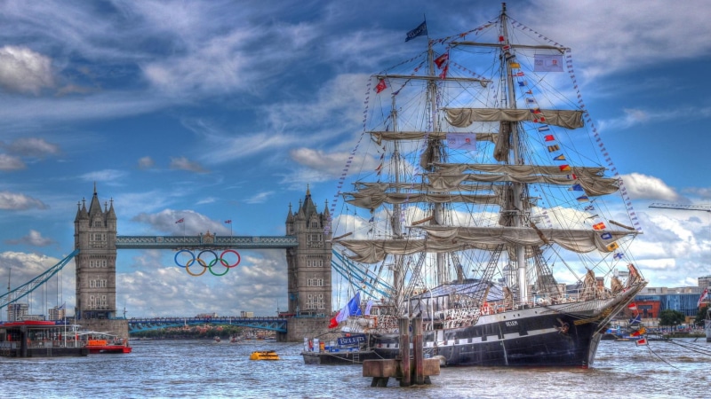 hdr, sail, sail ship, near, london, river, ship, 1080P, tower, city, beautiful, bridge, olympics, boats