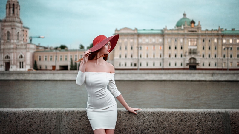 1080P, young women, red lipstick, standing, day, millinery, outdoors, architecture, looking away, urban, redhead, beautiful woman, Georgy Chernyadyev