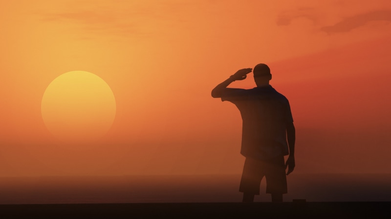 tranquility, men, sunset, nature, table, horizon over water, idyllic, scenics - nature, silhouette, one person, leisure activity, Grand Theft Auto V, orange color