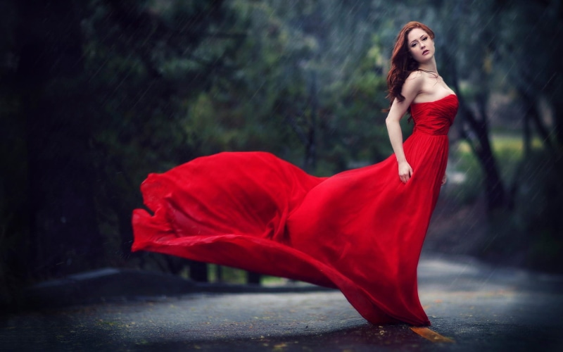 elegance, wind, dark, women, hair, females, beautiful people, outdoors, redhead, beautiful woman, 1080P, fashion model, glamour, adult, evening gown, young adult
