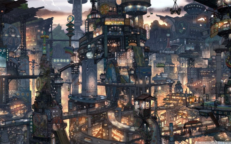 2K, fantasy city, Japan, cityscape, anime, Imperial Boy, Suicide Sheep