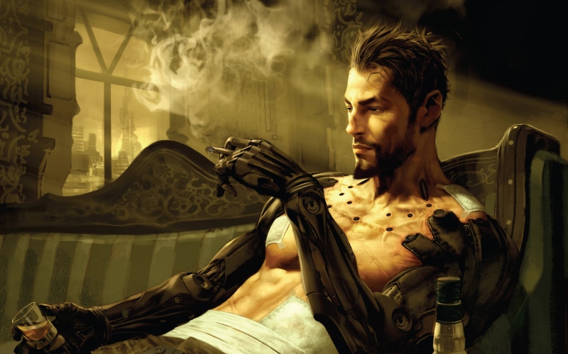 casual clothing, portrait, cyberpunk, front view, indoors, smoking issues, contemplation, Adam Jensen, bionics, young adult, smoke - physical structure