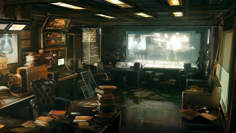 Deus Ex: Human Revolution, indoors, brown, lot, sunlight, video games, chair, bar counter, seat, reflection, furniture, absence, ceiling, large group of objects