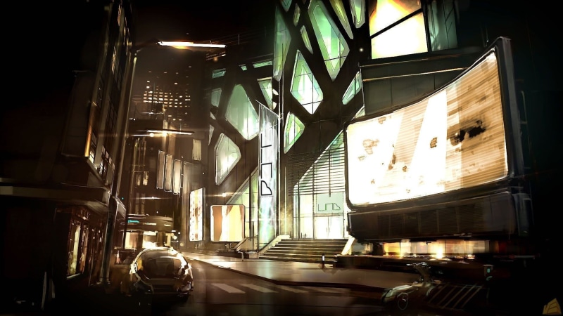 building, 1080P, incidental people, building exterior, land vehicle, framed, real people, street, concept art, Deus Ex: Human Revolution, city, built structure
