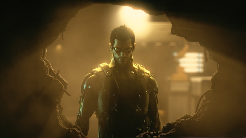 divided, leisure activity, illuminated, wall, back Lit, dark, young Adult, smoke - physical structure, standing, ex, deus ex, adam jensen, clothing, glasses