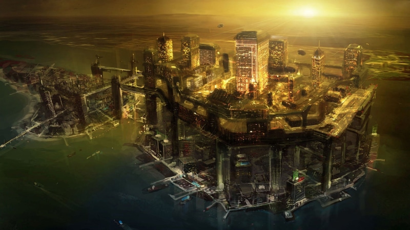 science fiction, 2K, artwork, Deus Ex, cyberpunk, video games, futuristic city