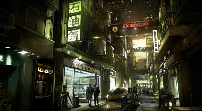 adult, men, building exterior, women, futuristic, Deus Ex, outdoors, video, illuminated, city, modern, people, street, walking, mode of transportation