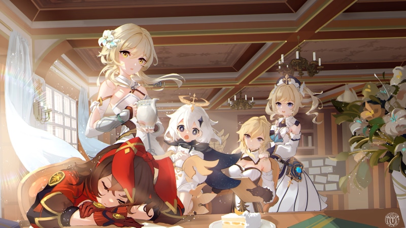 barbara (genshin impact), Jean (Genshin Impact), Paimon(Genshin Impact), Amber (Genshin Impact), Genshin Impact, Lumine (Genshin Impact), 4K, anime girls