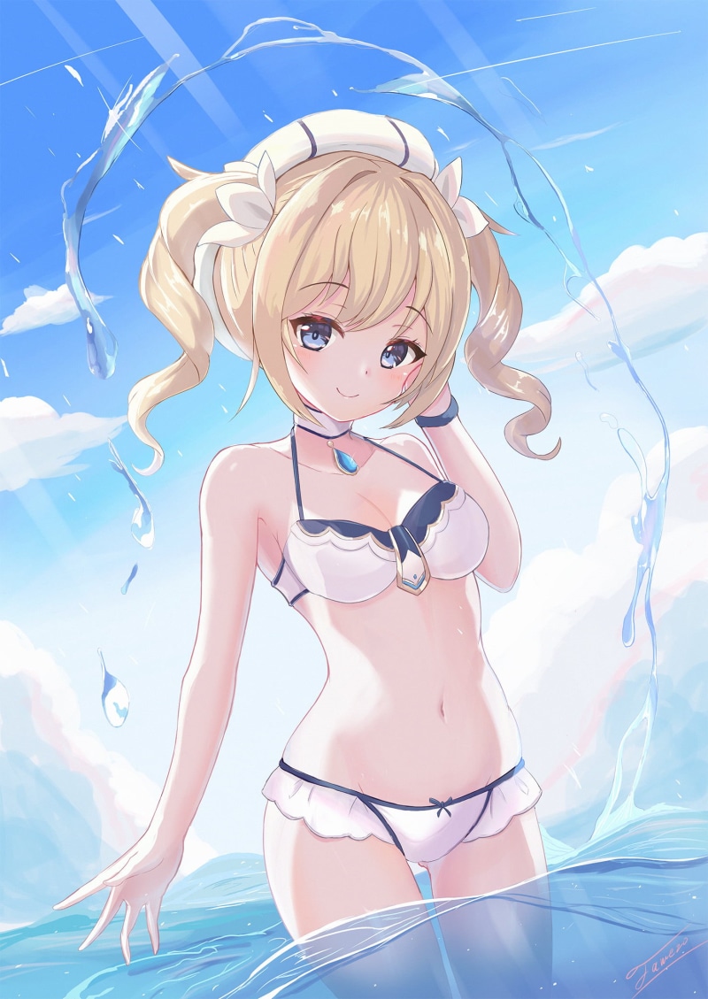 bare shoulders, 1080P, swimwear, Genshin Impact, anime girls, belly, barbara (genshin impact)