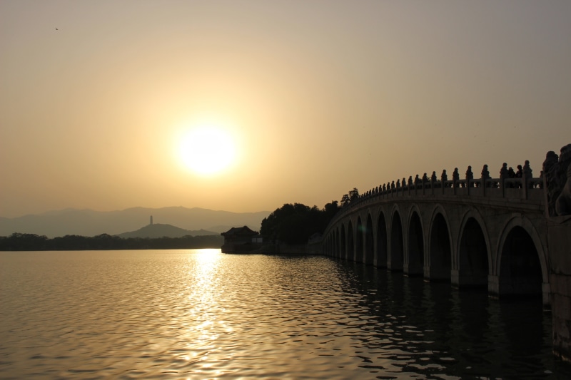 tranquility, built structure, orange color, 5K, nature, sunset, lake, beauty in nature, sunlight, water, tranquil scene, Summer Palace, idyllic, sun, arch bridge