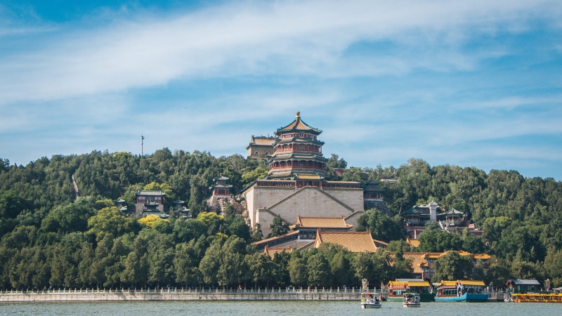 religion, historic, architecture, water, history, travel, landscape, ancient, built structure, cloud - sky, no people, mountain, summer palace, building
