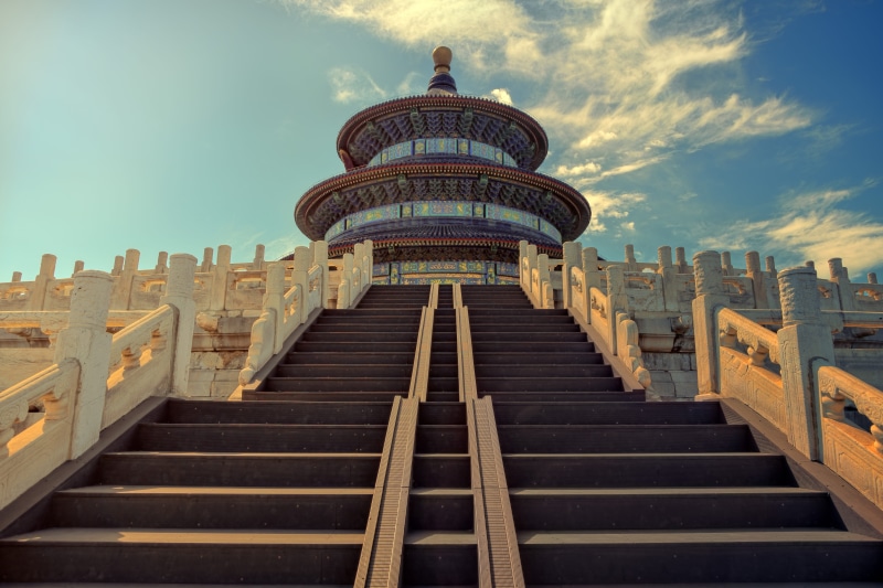 symmetry, asia, sky, steps and staircases, stairs, place of worship, beijing, perspective, cloud - sky, the way forward, belief, old, day, city, low angle view
