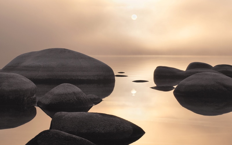 calm, reflection, landscape, low saturation, beige, nature, Sun, rocks, mist, calm waters, 1080P, sea