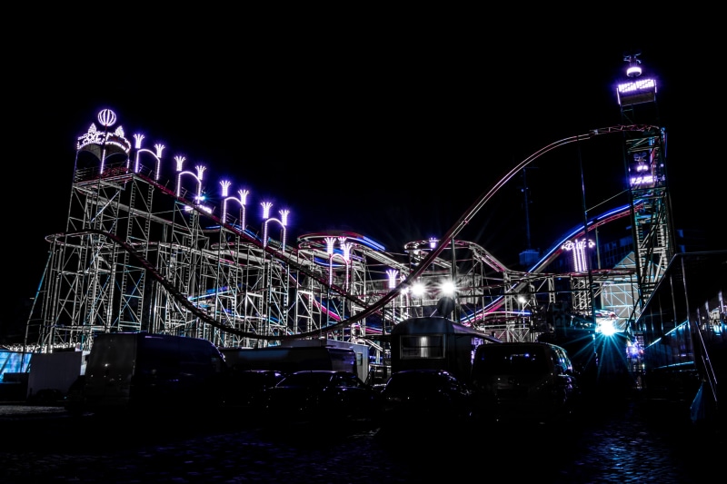 nightlife, illuminated, water, amusement park, outdoors, built structure, flare, nature, city, coaster, bridge, building exterior, car, connection, blue