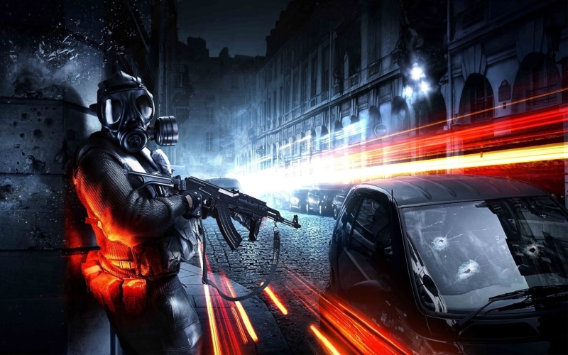rifle, architecture, illuminated, land vehicle, city, speed, built structure, light trail, transportation, building exterior, carrying, government, Battlefield
