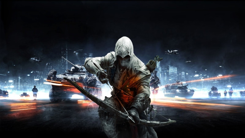 sport, winter, long exposure, snowing, Battlefield 3, Assassins Creed, blurred motion, real people, bow, Assassins Creed III, poster, snow, headwear, game