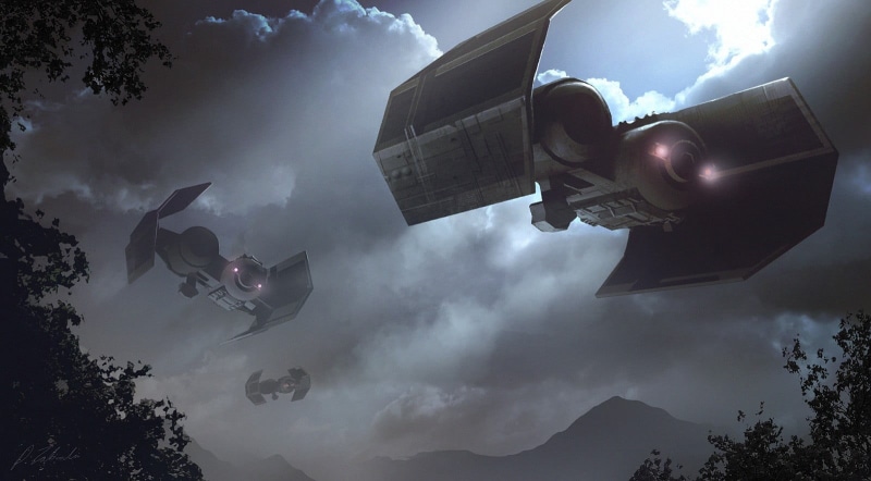 people, flying, unrecognizable person, artwork, mid-air, Galactic Empire, storm, outdoors, full length, spaceship, transportation, TIE Bomber, plant, men